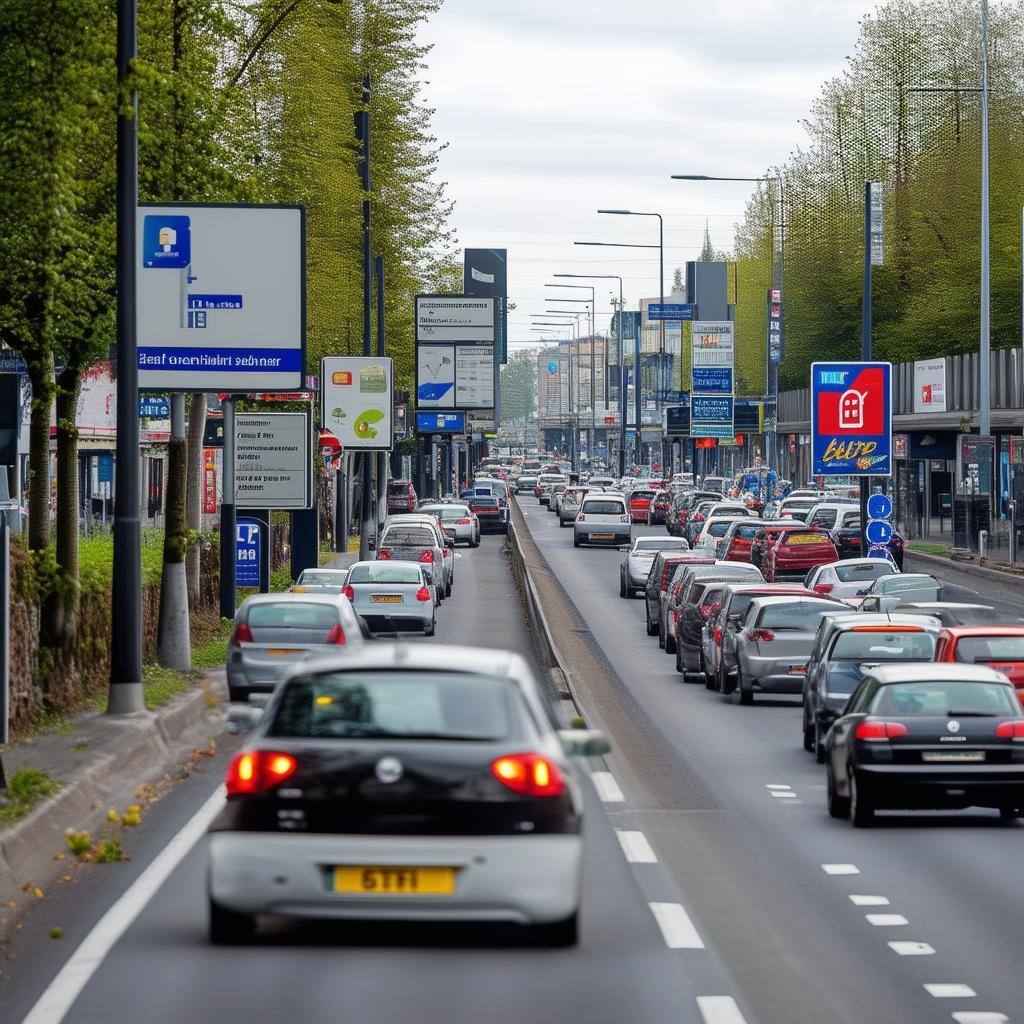 busy belgian higjway with a lot of commercial signs next to the street